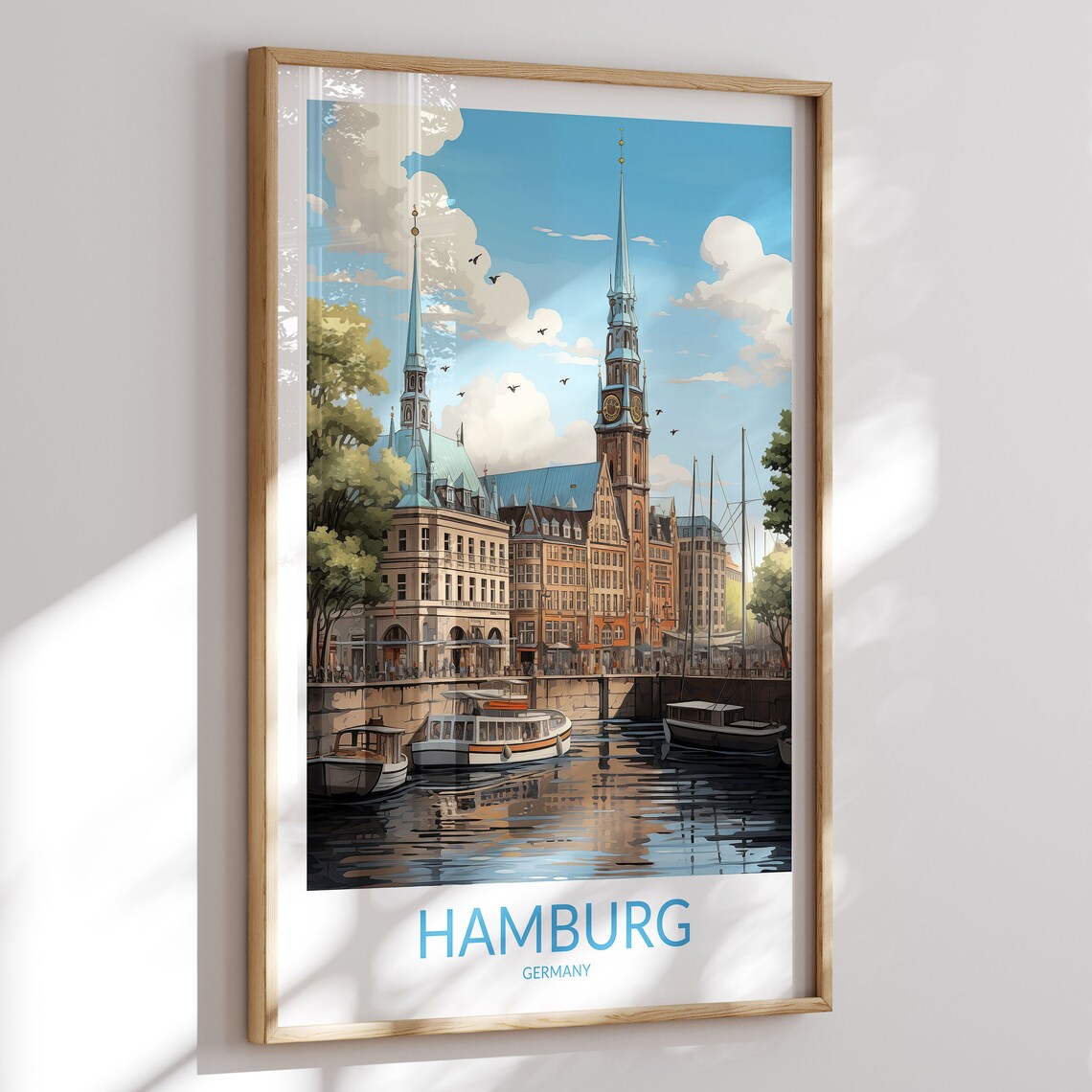 Hamburg Germany Twin Church Spires Harbor Quay Boats Travel Poster