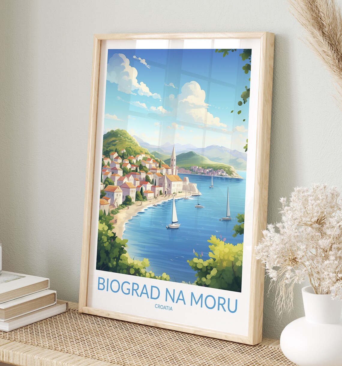 Biograd Na Moru Croatia Coastal Town Beach and Sailboats Travel Poster