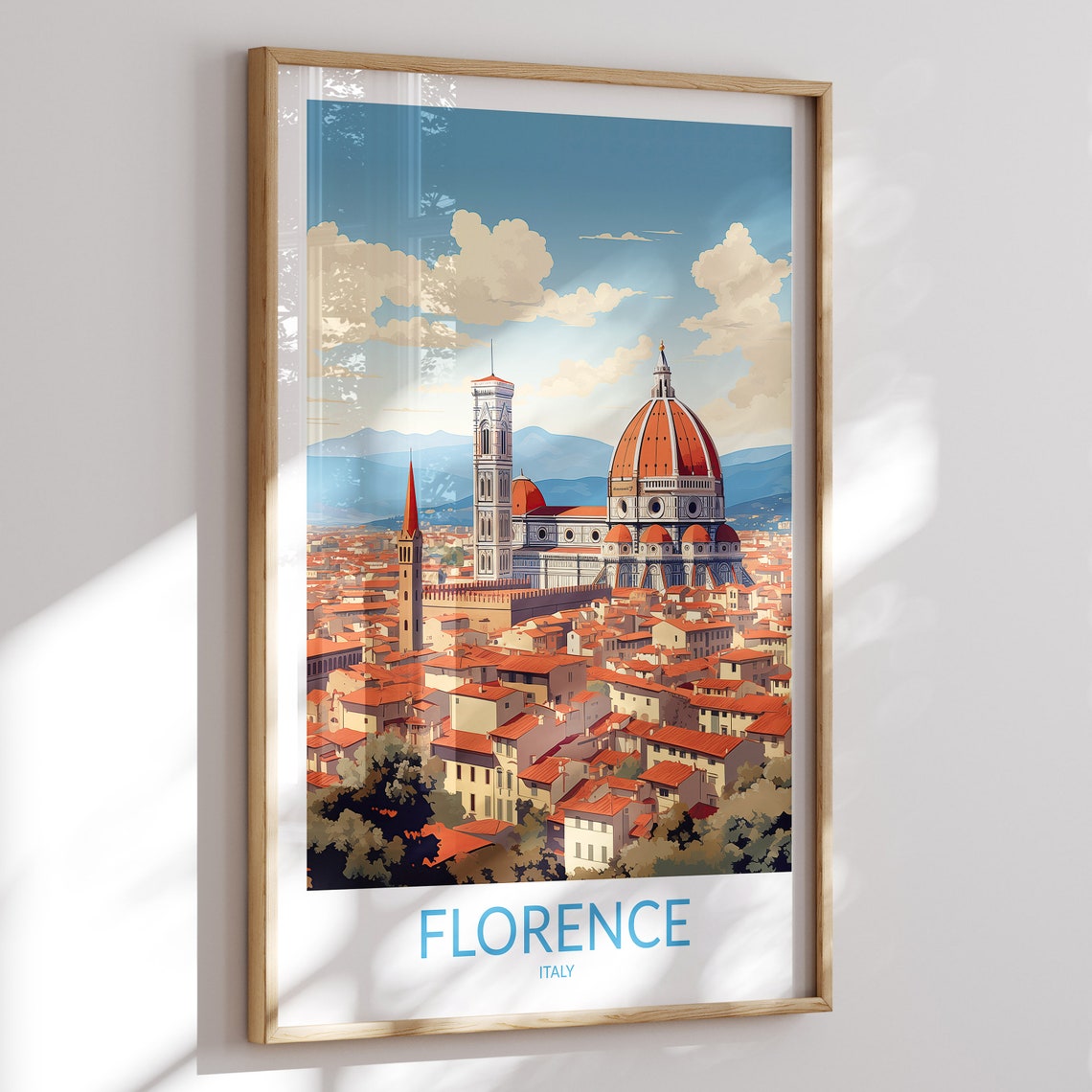 Florence Italy Duomo Cityscape Bright Blue Sky Rooftops Travel Poster
