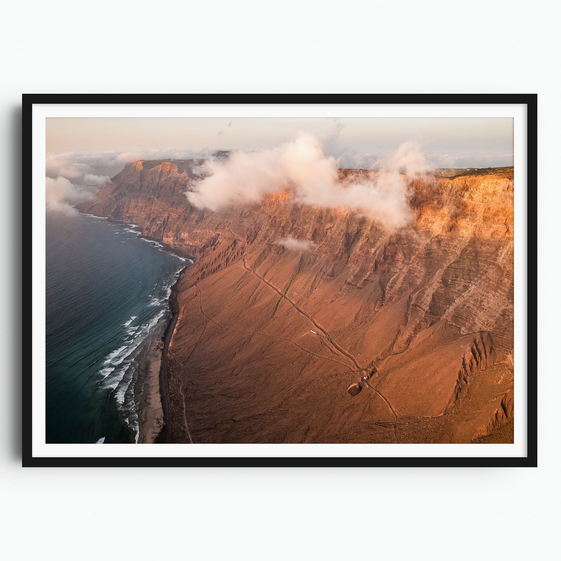 Famara Cliffs and Beach Aerial Golden Hour Lanzarote Travel Poster