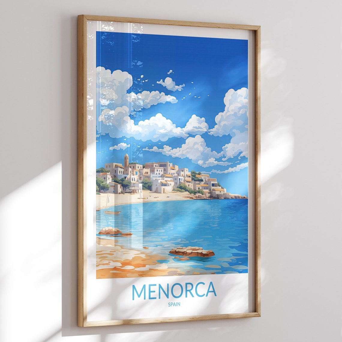 Menorca Spain Whitewashed Coastal Village Clouds Travel Poster
