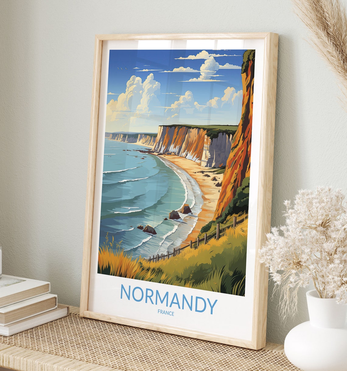 Normandy France Towering White Cliffs Curved Beach Coast Poster