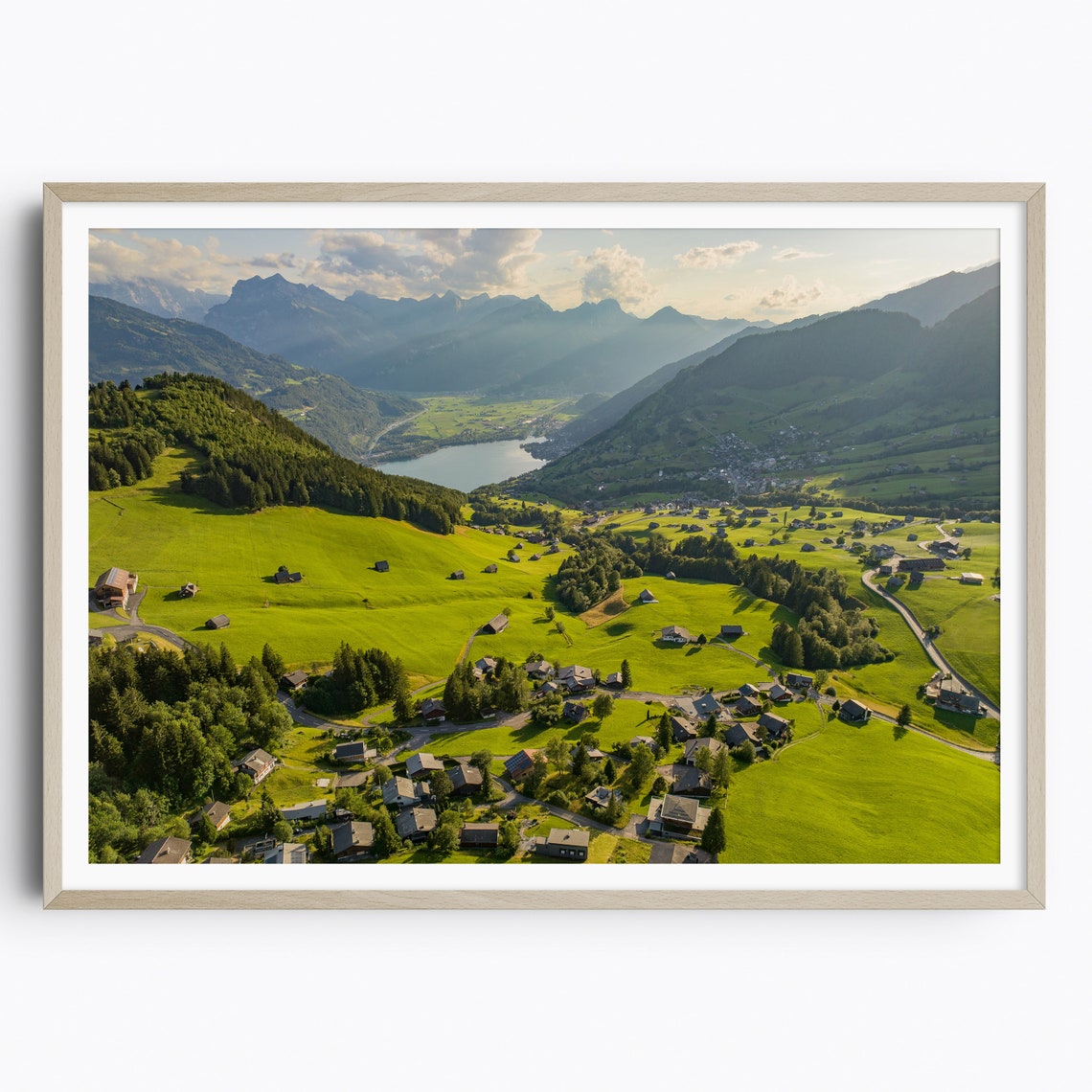 Swiss Alpine Valley Village Aerial Green Meadows Lake View Poster