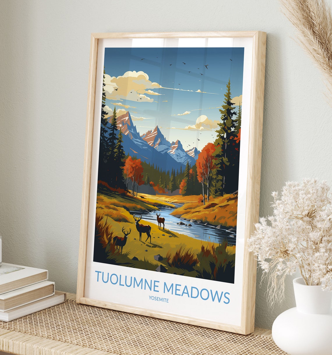 Tuolumne Meadows Yosemite Deer by River Autumn Forest Travel Poster