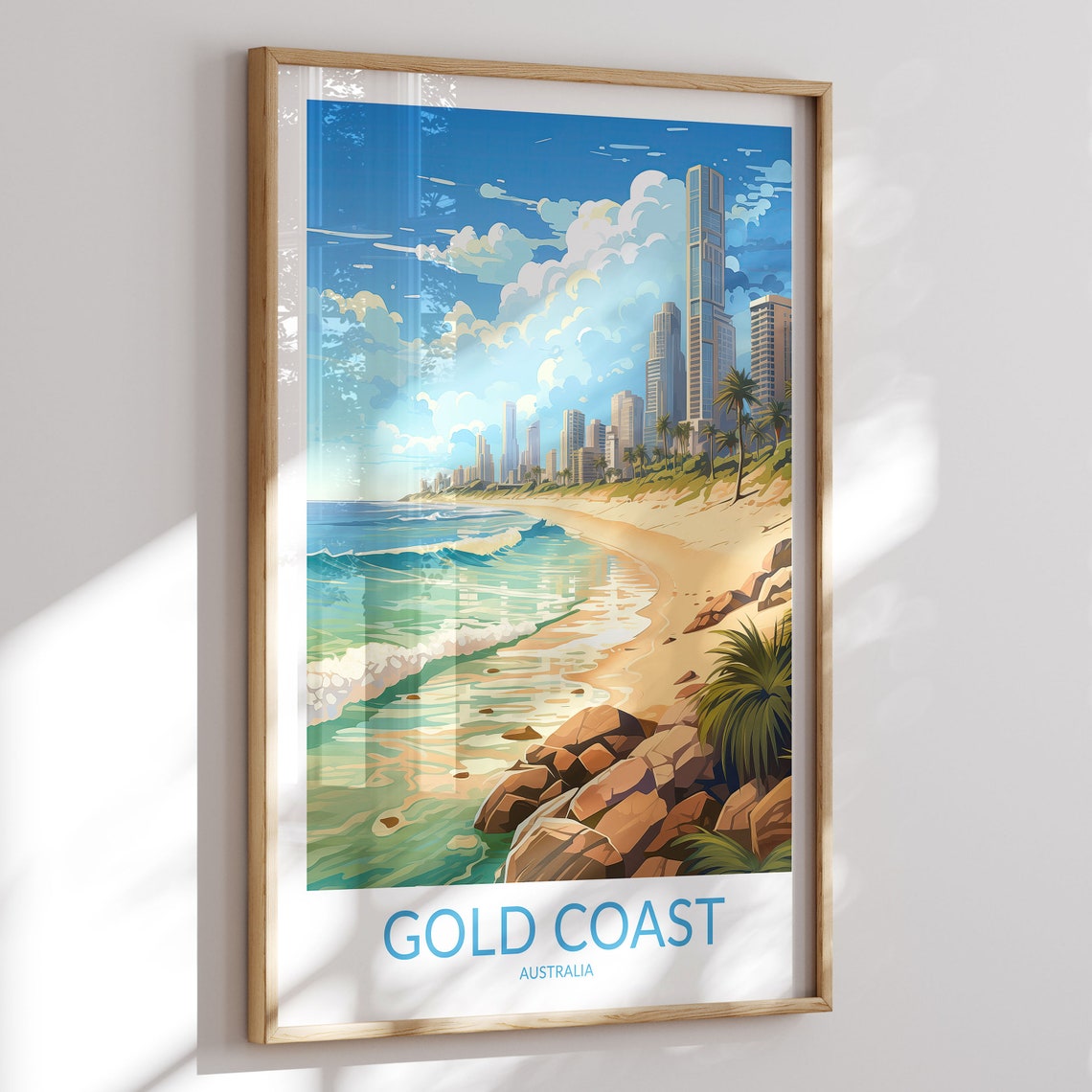 Gold Coast Australia Beach Skyline Palm Trees Surf Waves Travel Poster