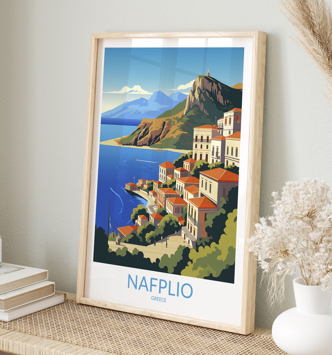 Nafplio Greece Harbor Promenade Mountain View Coastal Travel Poster