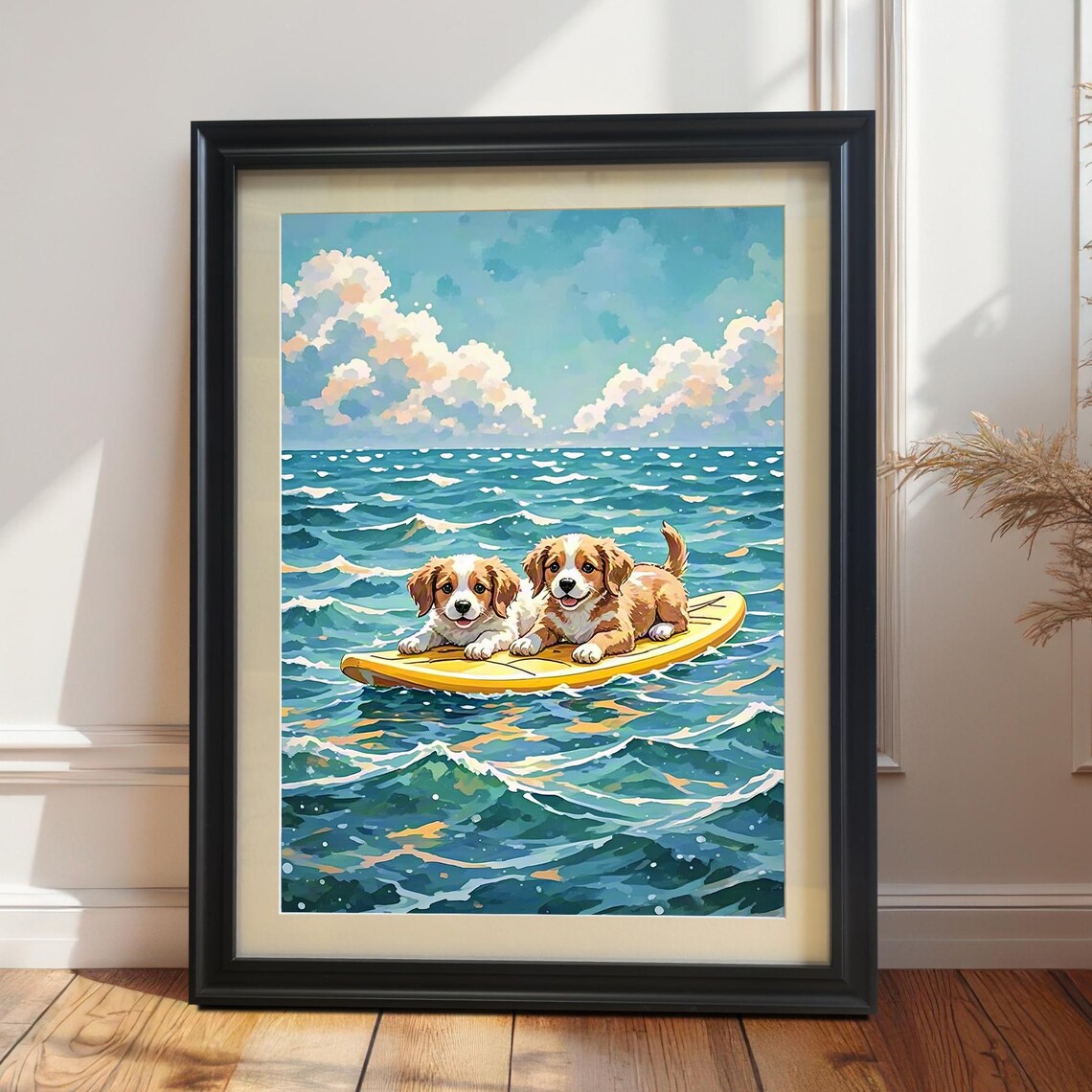 Puppy Surfing Art Print, Coastal Children's Room Decor