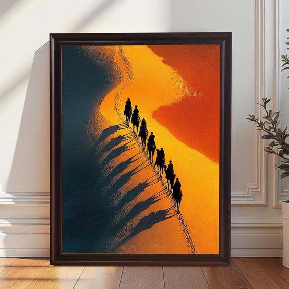 Desert Camel Caravan Landscape Art Print Wood Framed Wall Decor