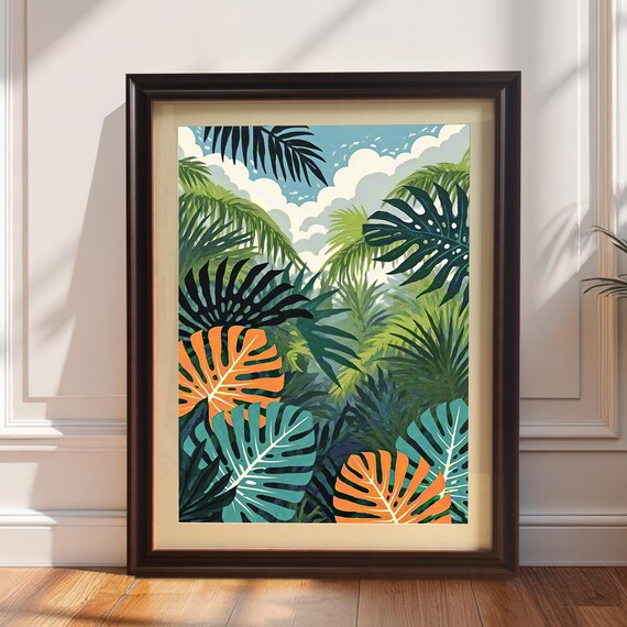Tropical Leaf Paradise Illustration Wood Framed Wall Art Print