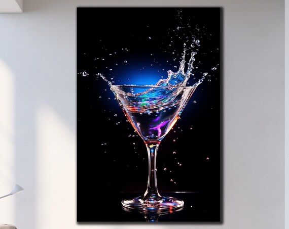 Blue Martini Splash Glass Wall Art Black Background Iridescent Cocktail Bar Print