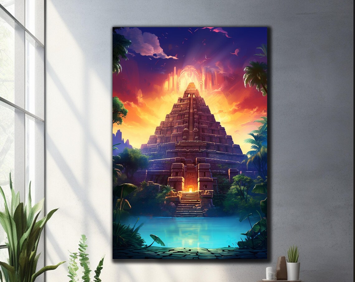 Ancient Mayan Temple Fiery Sunset Birds Tropical Lagoon Travel Poster