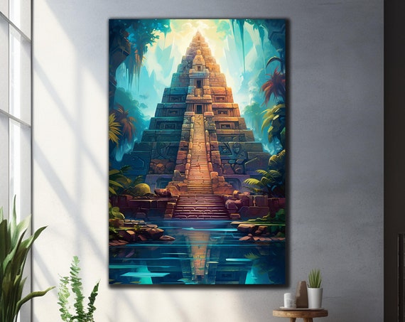 Temple Mayan Sunset Wall Art Tempered Glass Wall Art Ancient Art Wall Decor Aztec Cultural Heritage Art Mesmerizing Sunset Scene Glass Art