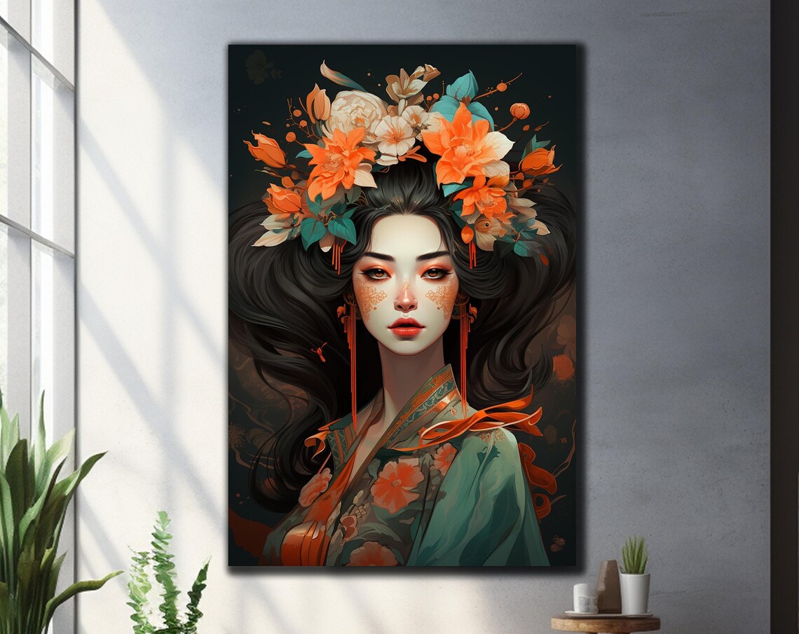 Orange Floral Crown Portrait Green Silk Kimono Dreamy Art Wall Poster
