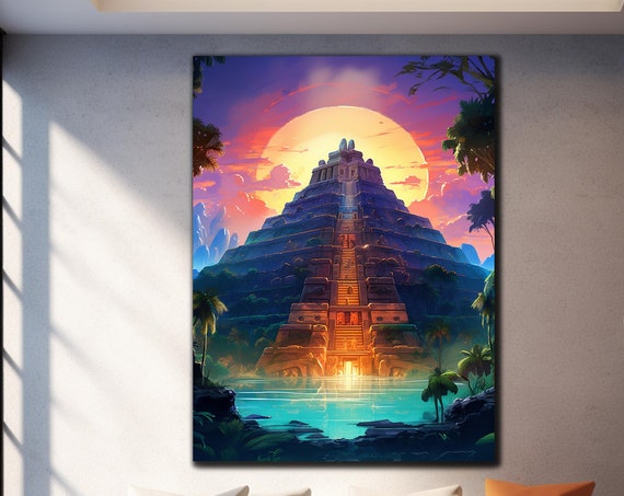 Temple Mayan Sunset Wall Art Tempered Glass Wall Art Ancient Art Wall Decor Aztec Cultural Heritage Art Mesmerizing Sunset Scene Glass Art