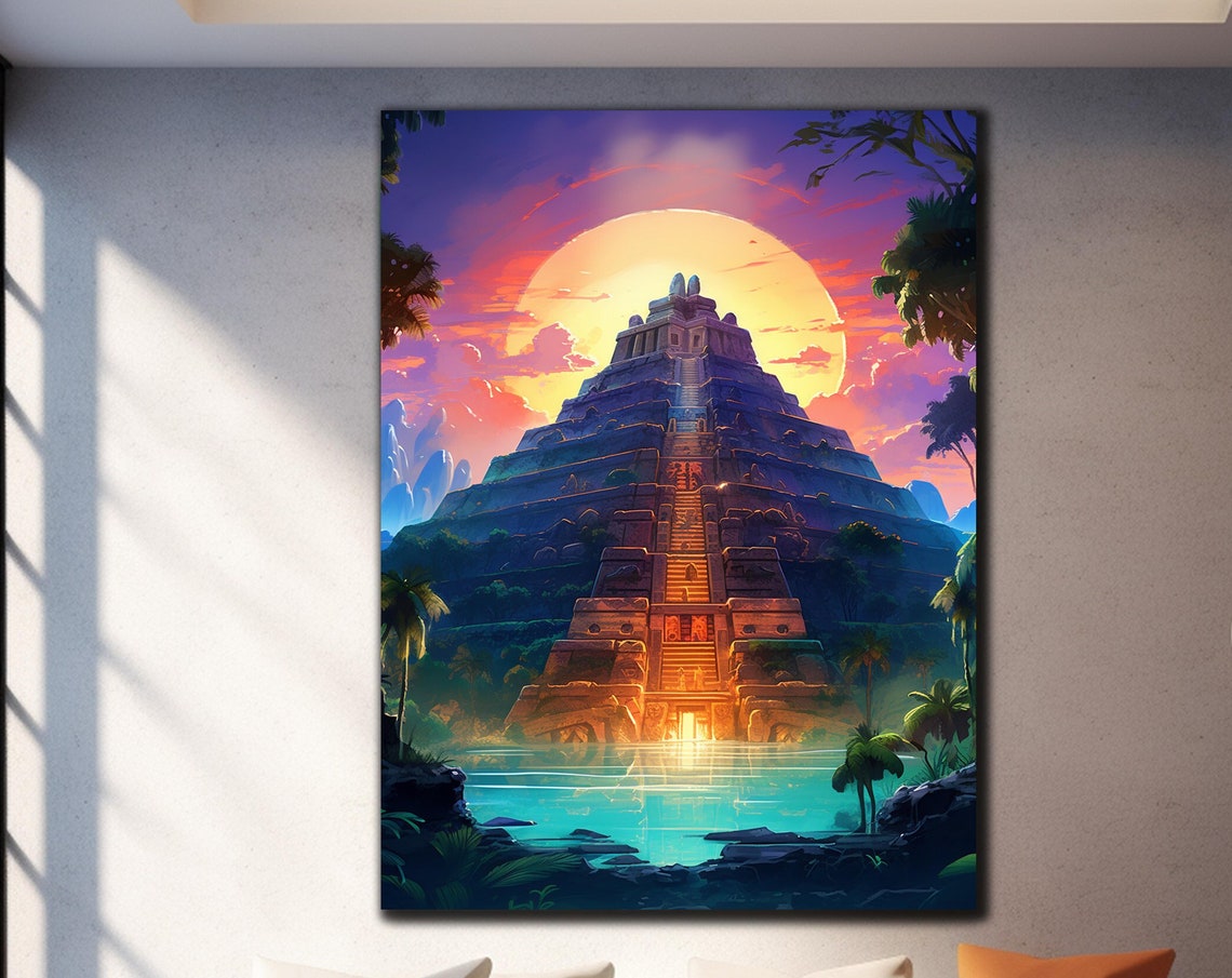 Ancient Mayan Pyramid Sunset Jungle Temple Golden Sky Travel Poster