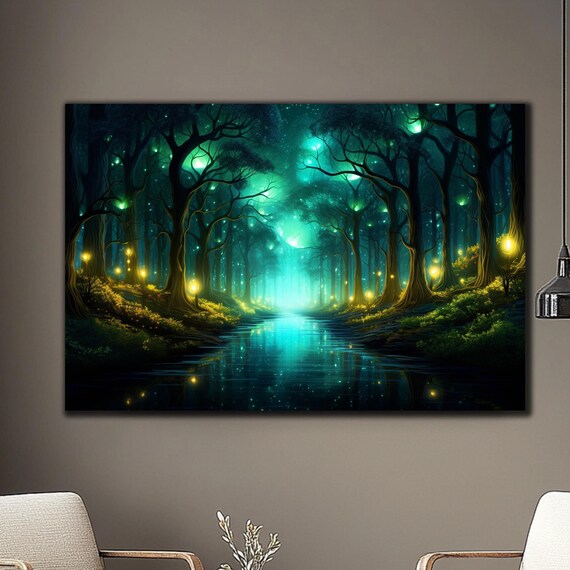 Fireflies Illuminate Forest Tempered Glass Wall Art Fantasy Neon Wall Decor Psychedelic Glowing Forest Glass Art Optical Illusion Artwork