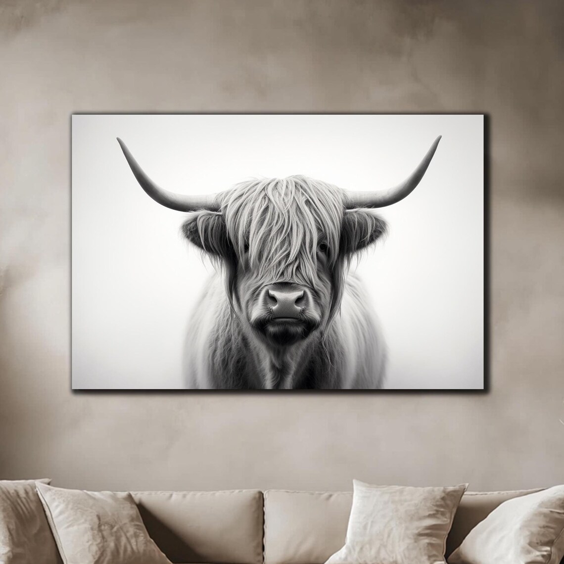 Scottish Highland Cow Black and White Portrait Animal Wall Art Poster