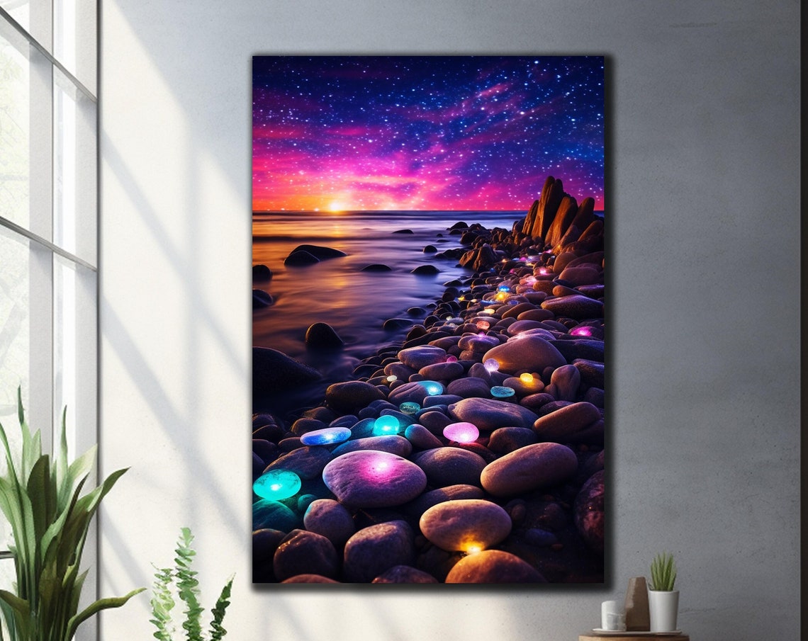 Night Beach Glowing Pebbles Starry Sky Sunset Shore Travel Poster