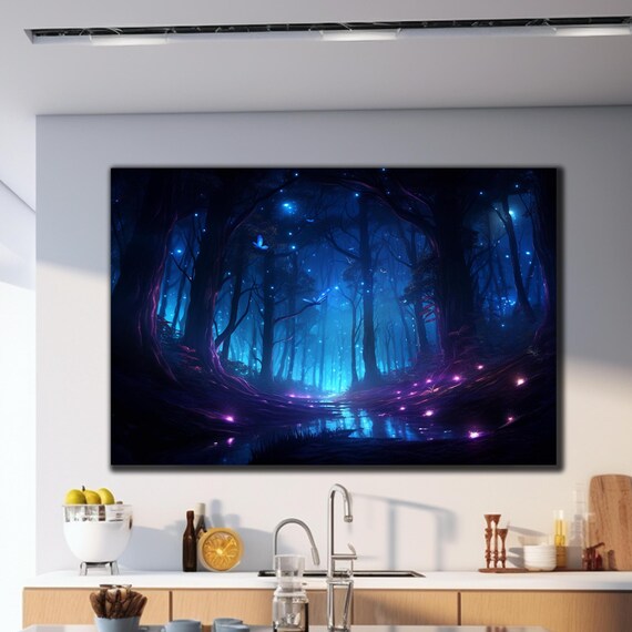 Fireflies Illuminate Forest Tempered Glass Wall Art Fantasy Neon Wall Decor Psychedelic Glowing Forest Glass Art Optical Illusion Artwork