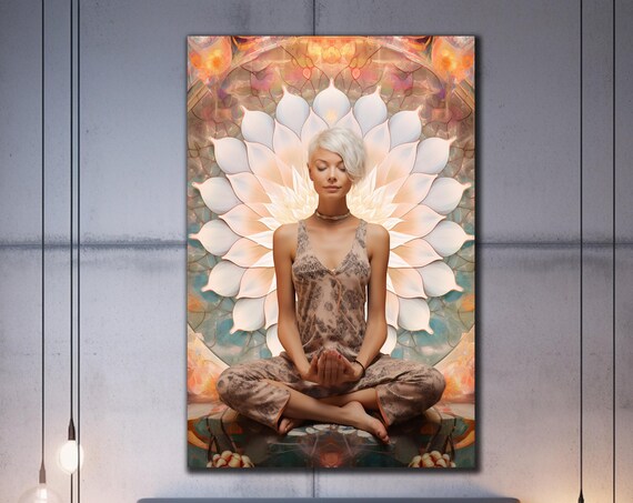 Meditating Woman White Lotus Mandala Yoga Zen Serene Art Wall Poster