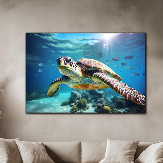 Green Sea Turtle Swimming Coral Reef Sunlit Blue Ocean Water Print
