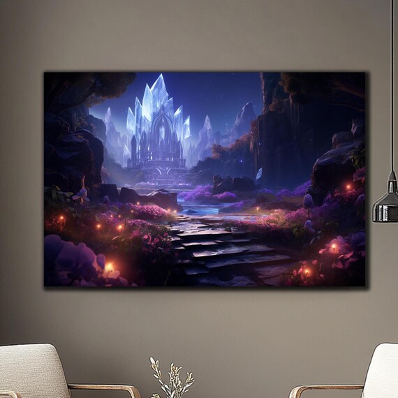 Crystal Ice Castle at Night Glowing Path Fantasy Landscape Wall Art