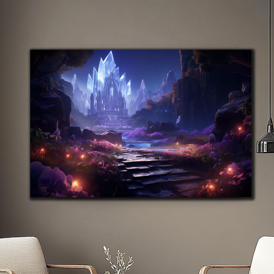 Crystal Ice Castle at Night Glowing Path Fantasy Landscape Wall Art