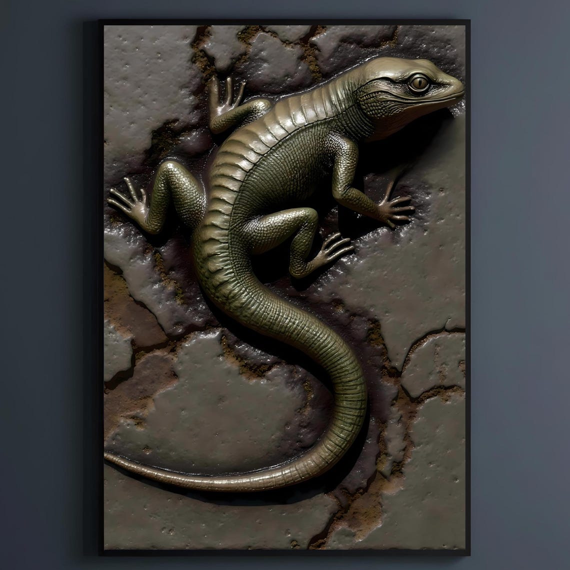 Dark Academia Lizard Tile Art Iridescent Verdigris Bronze Reptile On Cracked Ceramic Wall Decor Closeup Poster