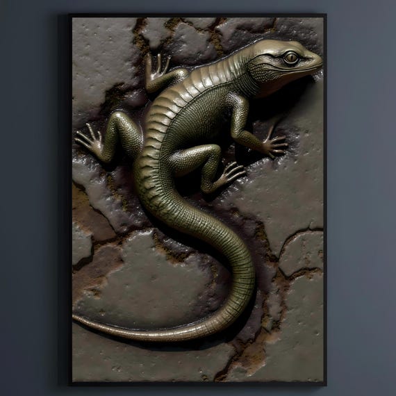 Dark Academia Lizard Tile Art Iridescent Verdigris Bronze Reptile On Cracked Ceramic Wall Decor Closeup Poster