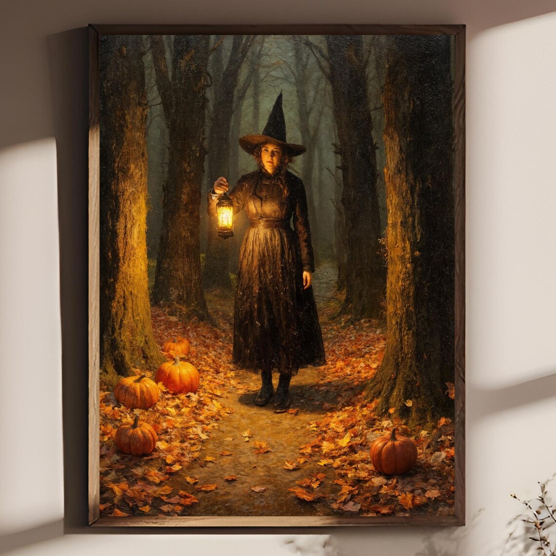 Halloween Witch Wall Art Autumn Forest Path Oil Painting Print Lantern Pumpkins Rustic Vintage Decor