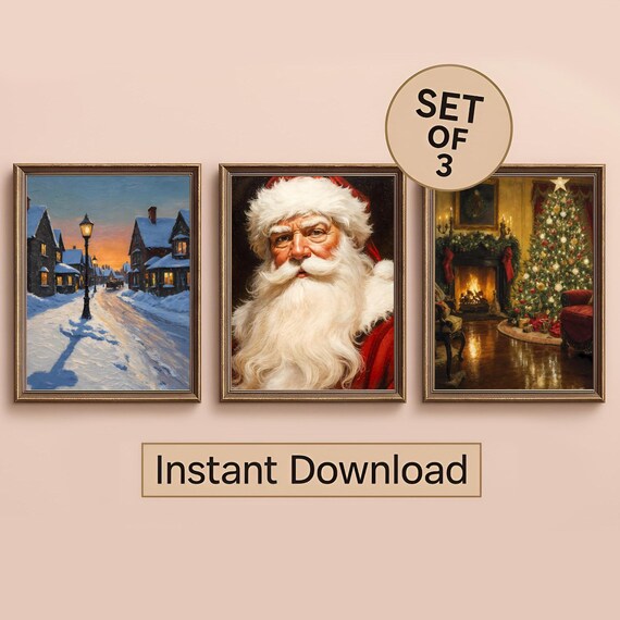 Christmas Set of 3 Santa Snowy Street Living Room Holiday Poster