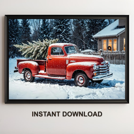 Vintage Red Pickup Truck Carrying Christmas Tree In Snowy Yard Poster