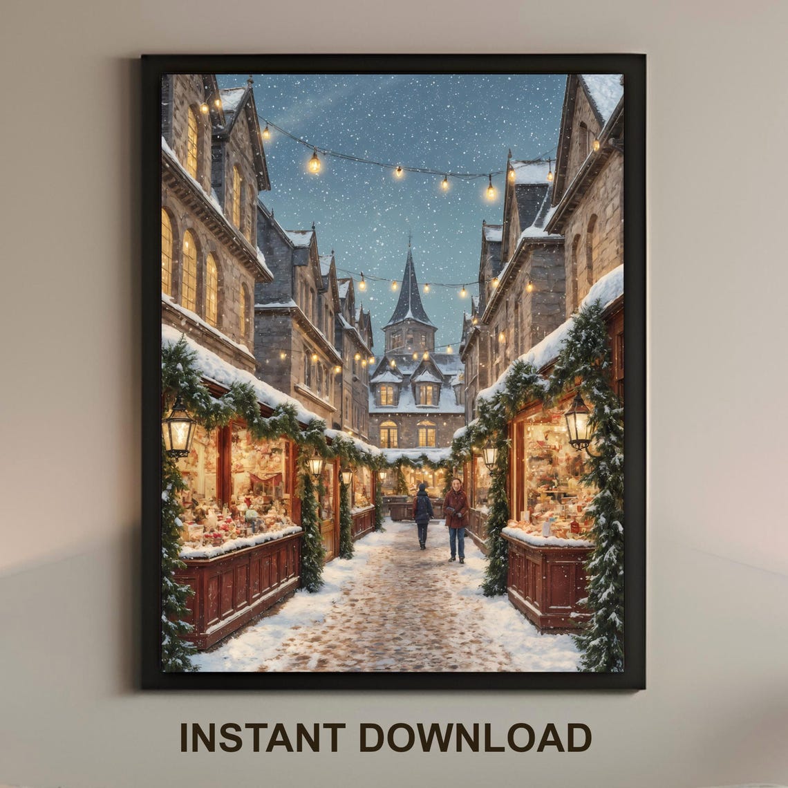 Enchanting Snowy Christmas Market Village Night Lights Poster