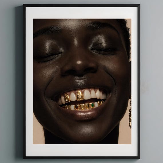 Afro Woman Portrait Black Beauty Print With Gold Teeth Surreal Smile Poster Fashionable Home Decor Wall Art