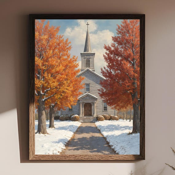 Village Church Wall Art Autumn Winter Maple Trees Snow Landscape Poster Print Home Decoration