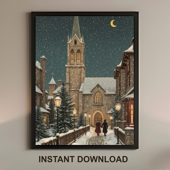 Snowy Christmas Church Night Moonlit Village Street Scene Poster