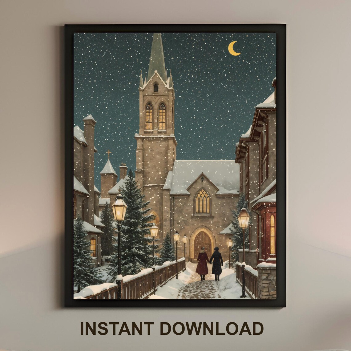 Snowy Christmas Church Night Moonlit Village Street Scene Poster