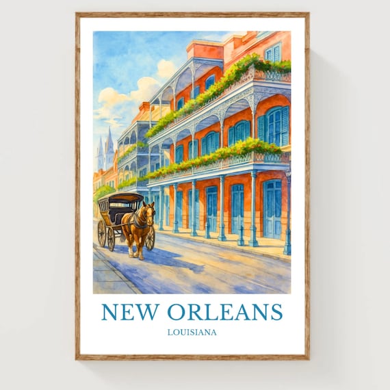 New Orleans Louisiana French Quarter Carriage Watercolor Travel Poster
