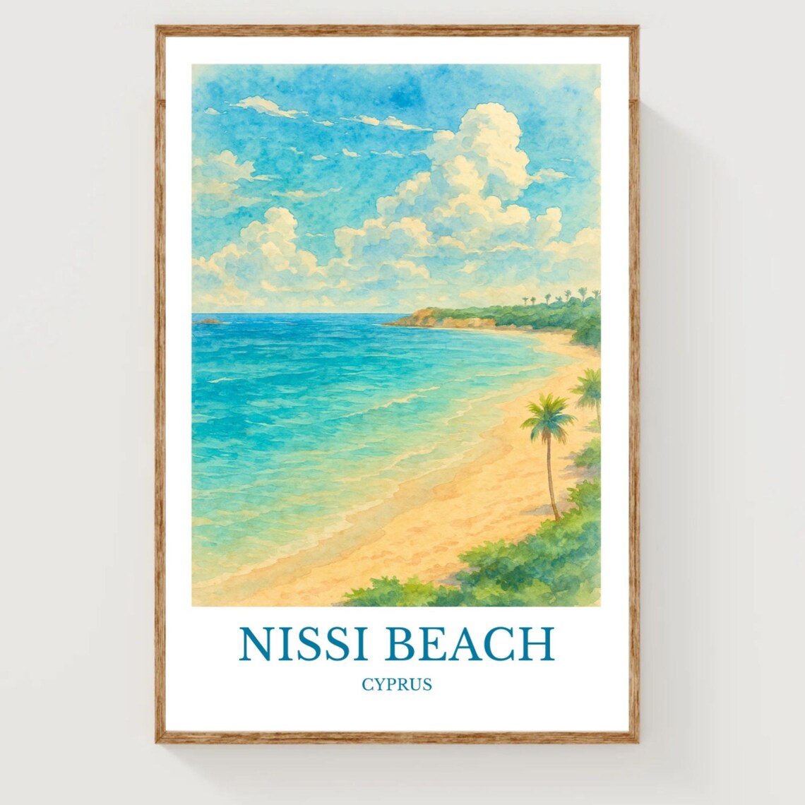 Nissi Beach Cyprus Turquoise Sea Palm Watercolor Travel Poster
