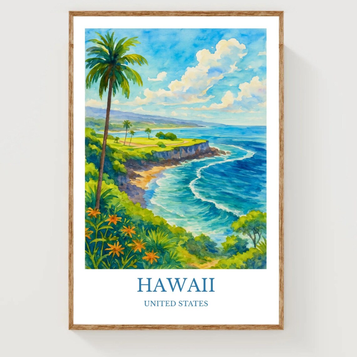 Hawaii USA Tropical Coast Palm Trees Watercolor Travel Poster