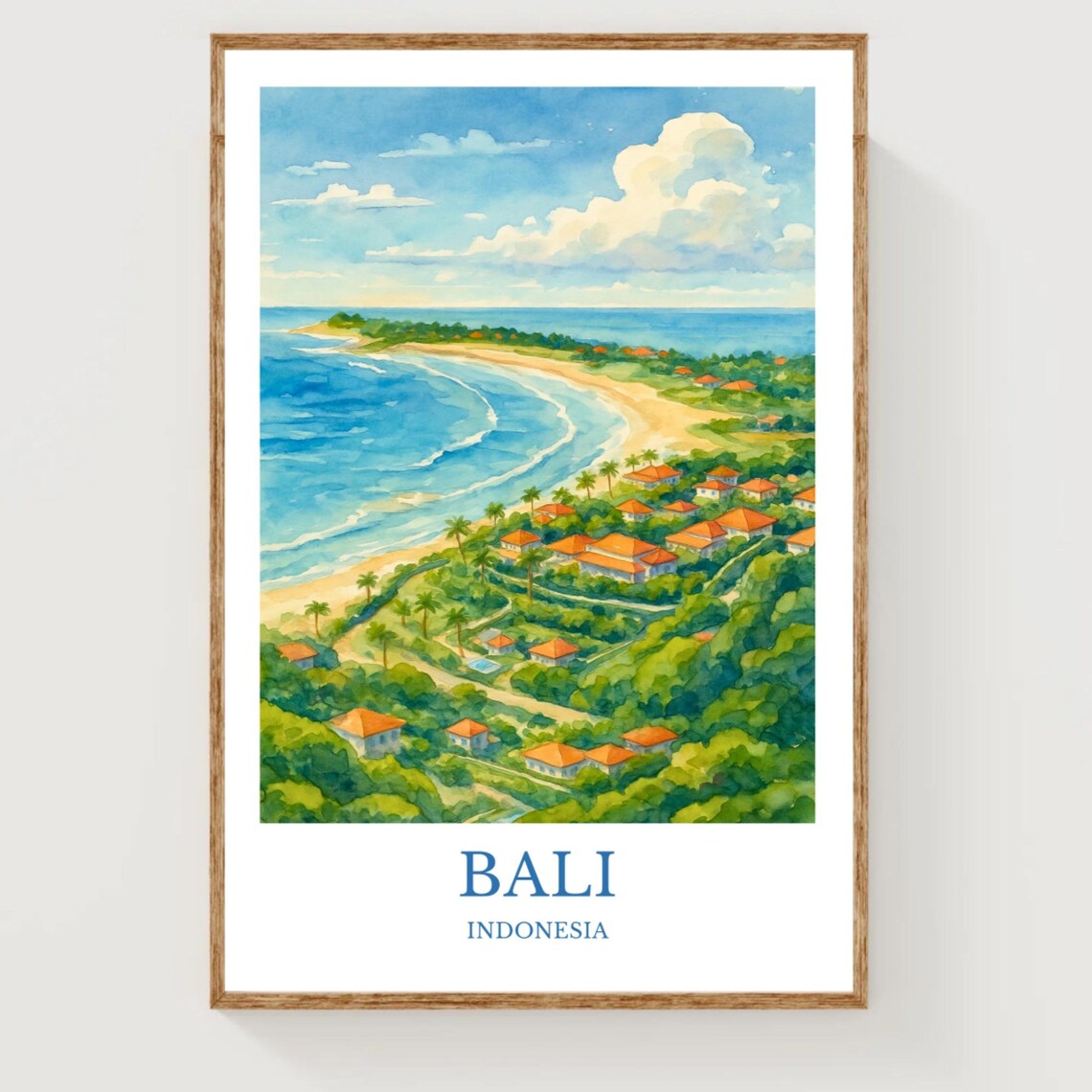 Bali Indonesia Watercolor Beach Coastline Tropical Travel Poster