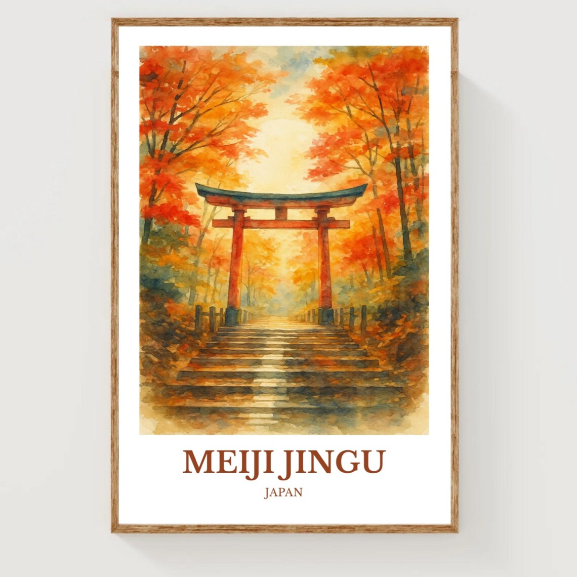 Meiji Jingu Japan Autumn Torii Gate Watercolor Travel Poster