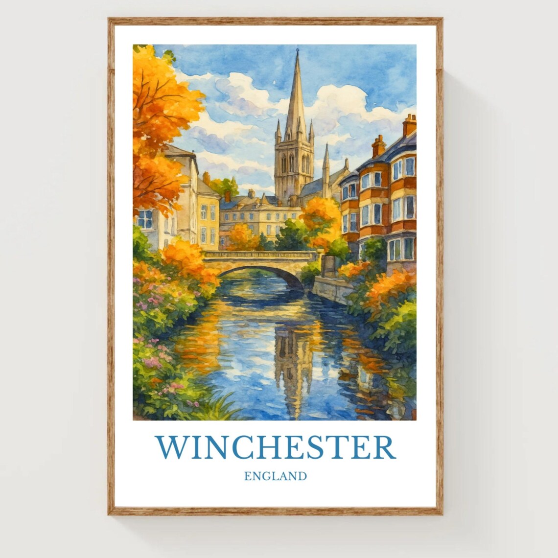 Winchester England Watercolor River Bridge Cathedral Spire Autumn Poster