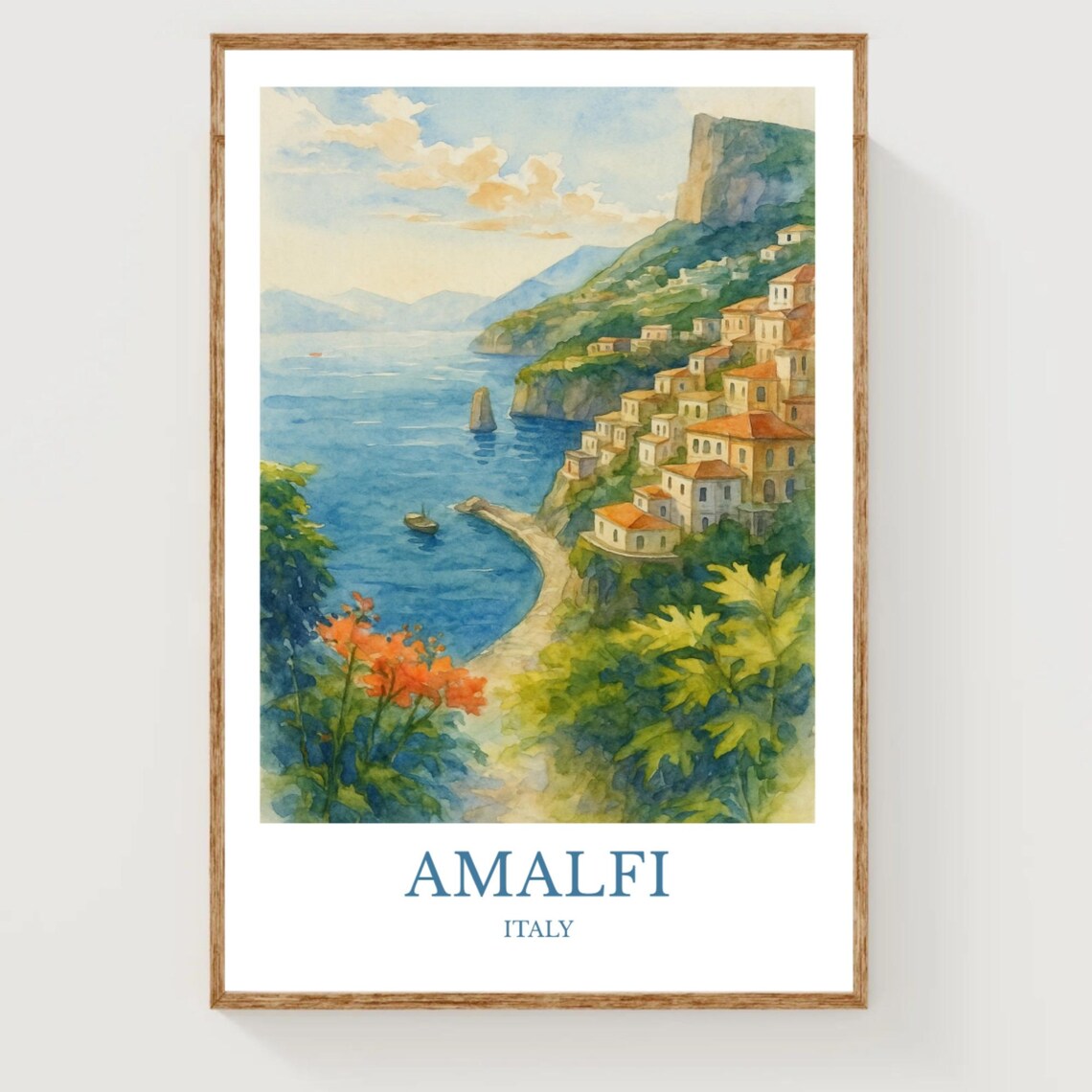 Amalfi Italy Cliffside Coastal Town Watercolor Travel Poster