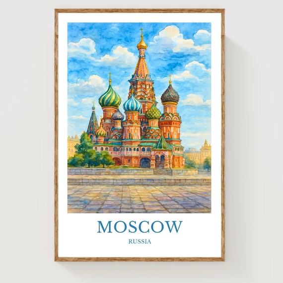 Moscow Russia Saint Basil Cathedral Colorful Watercolor Art Poster