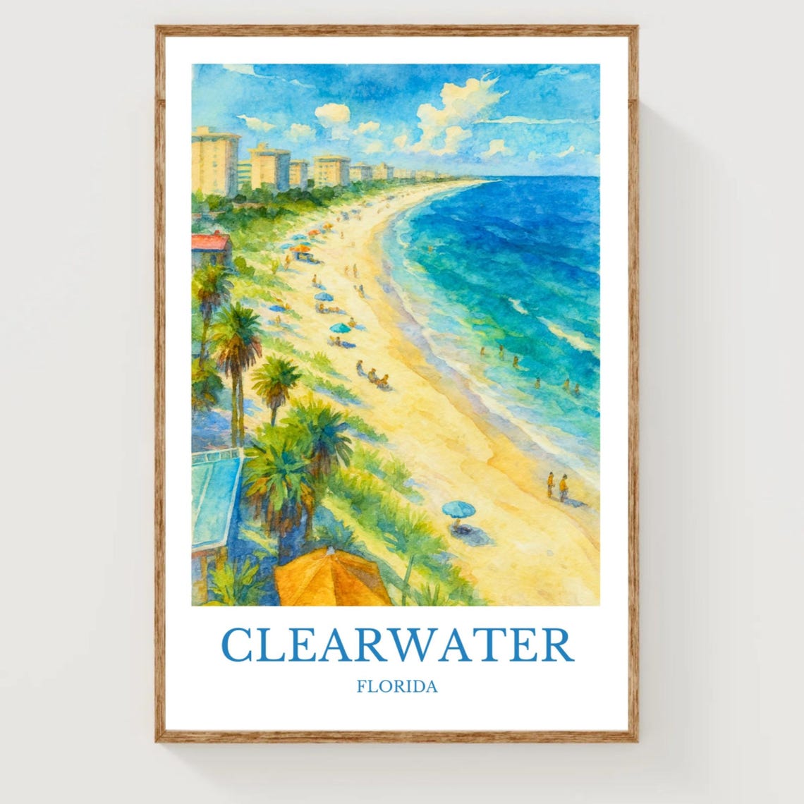 Clearwater Florida Watercolor Poster with Sunny Beach and Umbrellas