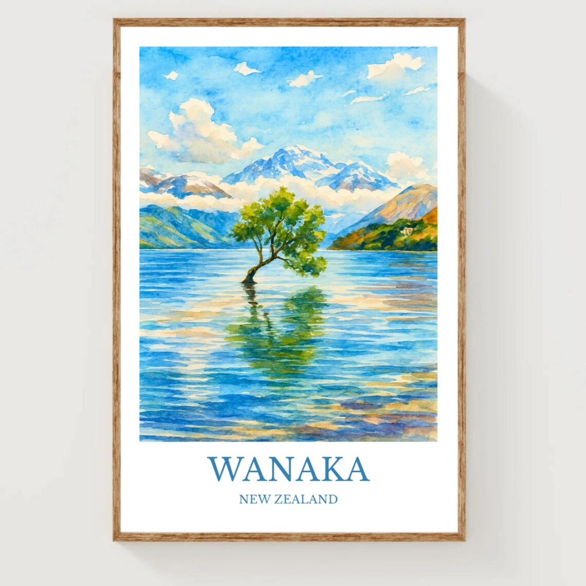 Wanaka New Zealand Lone Tree Lake Watercolor Travel Poster Art