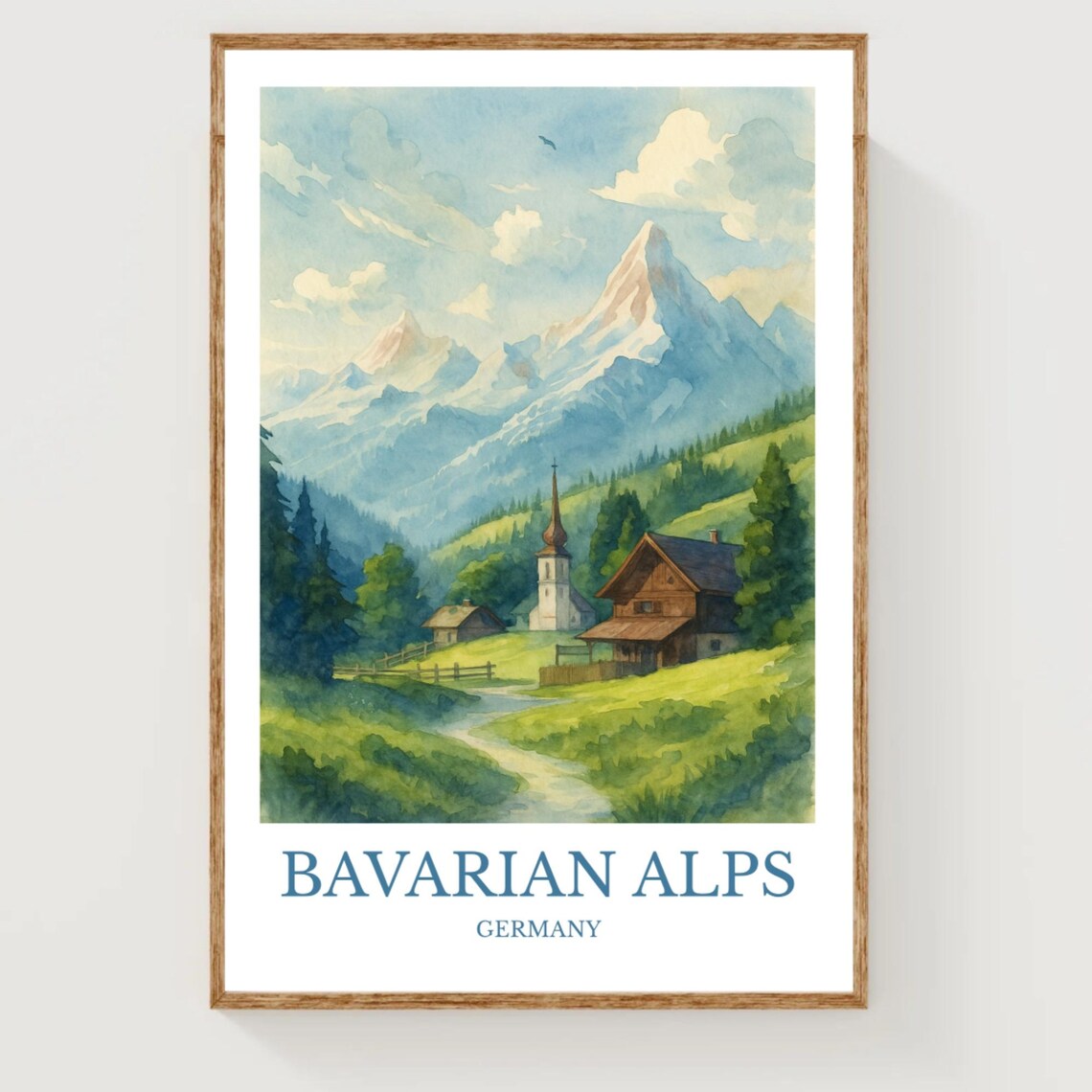 Bavarian Alps Germany Mountain Chapel Village Watercolor Travel Poster