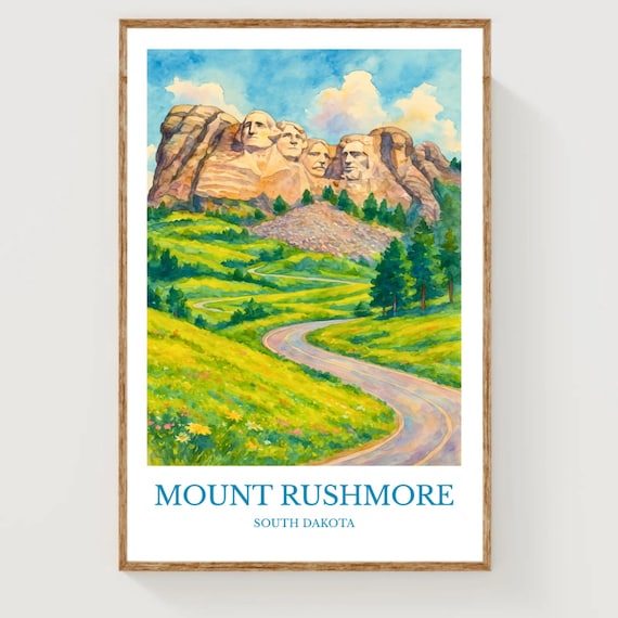 Mount Rushmore South Dakota Watercolor Presidents Landmark Travel Poster