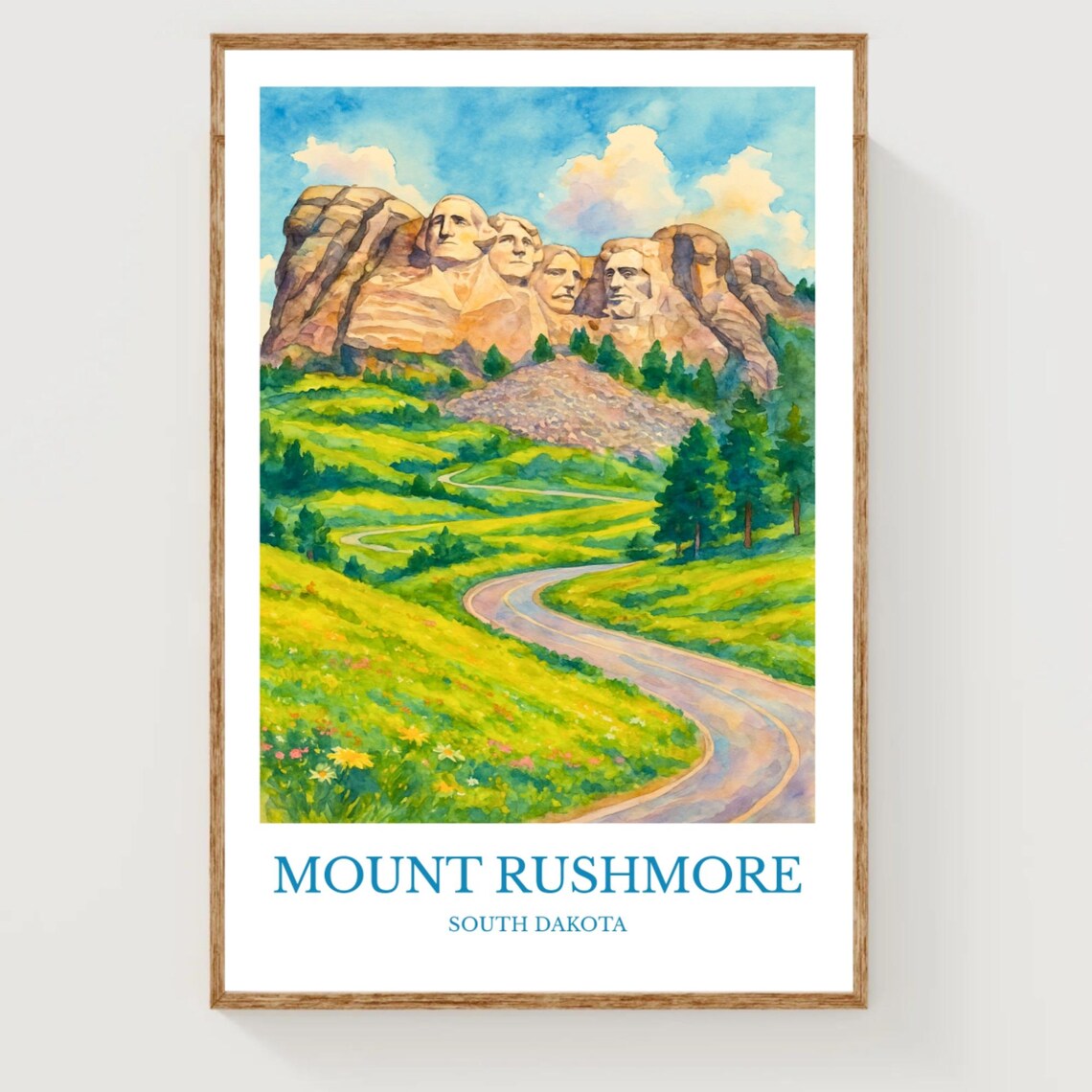 Mount Rushmore South Dakota Watercolor Presidents Landmark Travel Poster